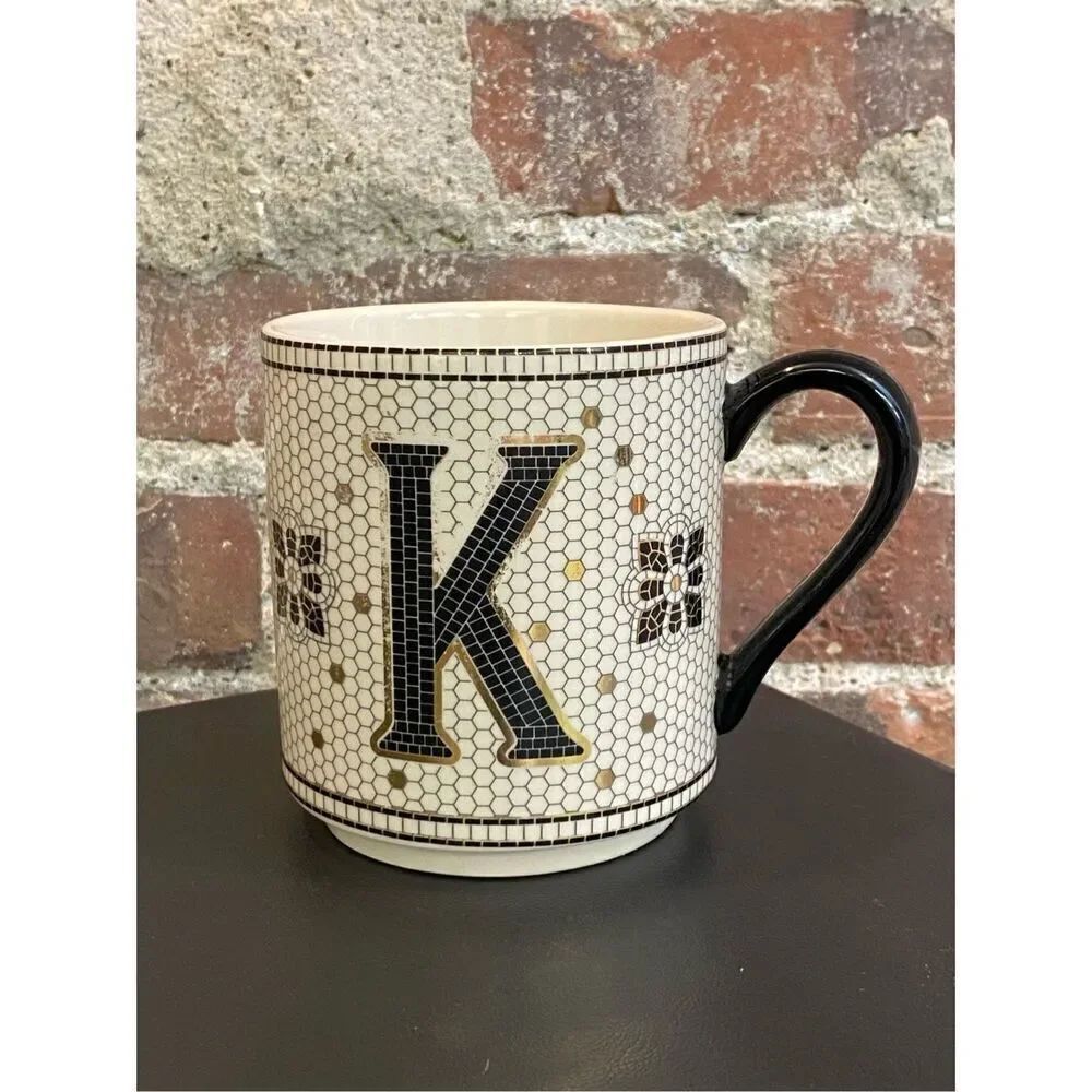 “K” Initial by Anthropologie Black/White/Gold Penny Tile Rosette Pattern Tea Cof